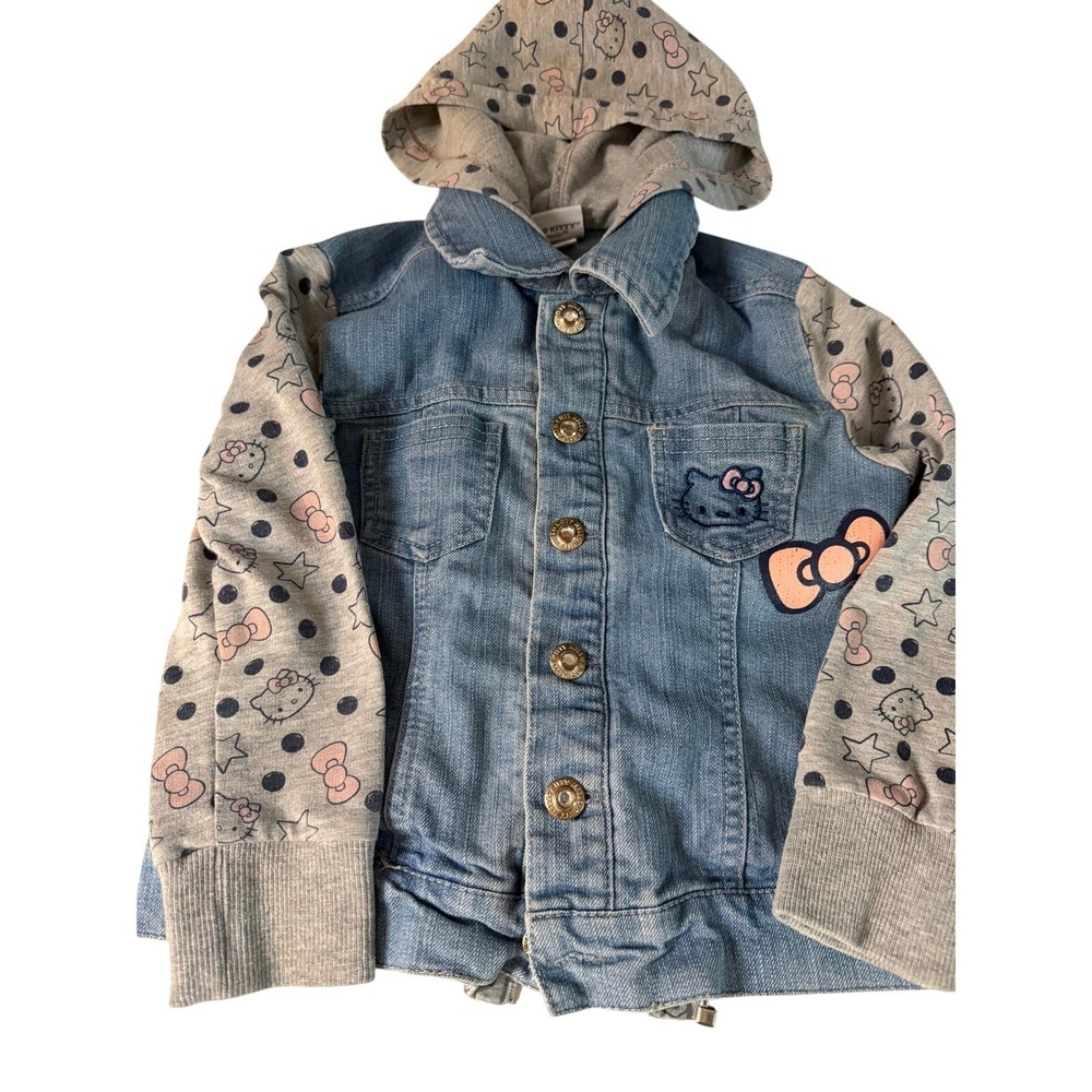 Hello Kitty Sanrio Girls Denim Jacket Hooded Layered Zip Up Blue Gray 3T Kidcore